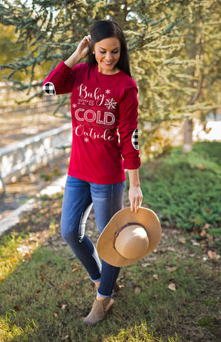 Cold Outside Crimson Holiday Elbow Patch Tee